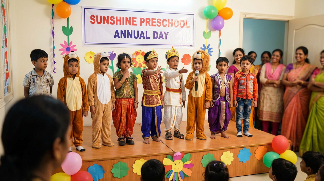 Preschoolers performing confidently on stage during annual day